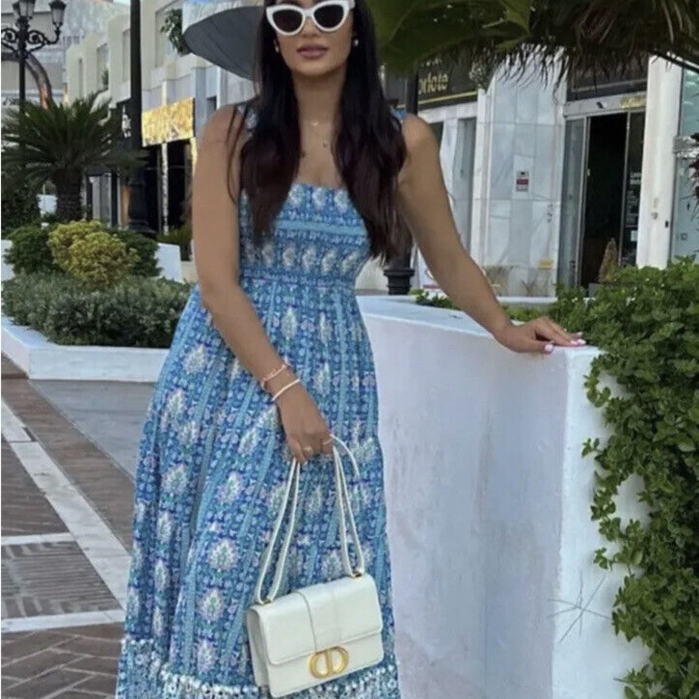 Zara Blue and White Smocked Maxi Sundress